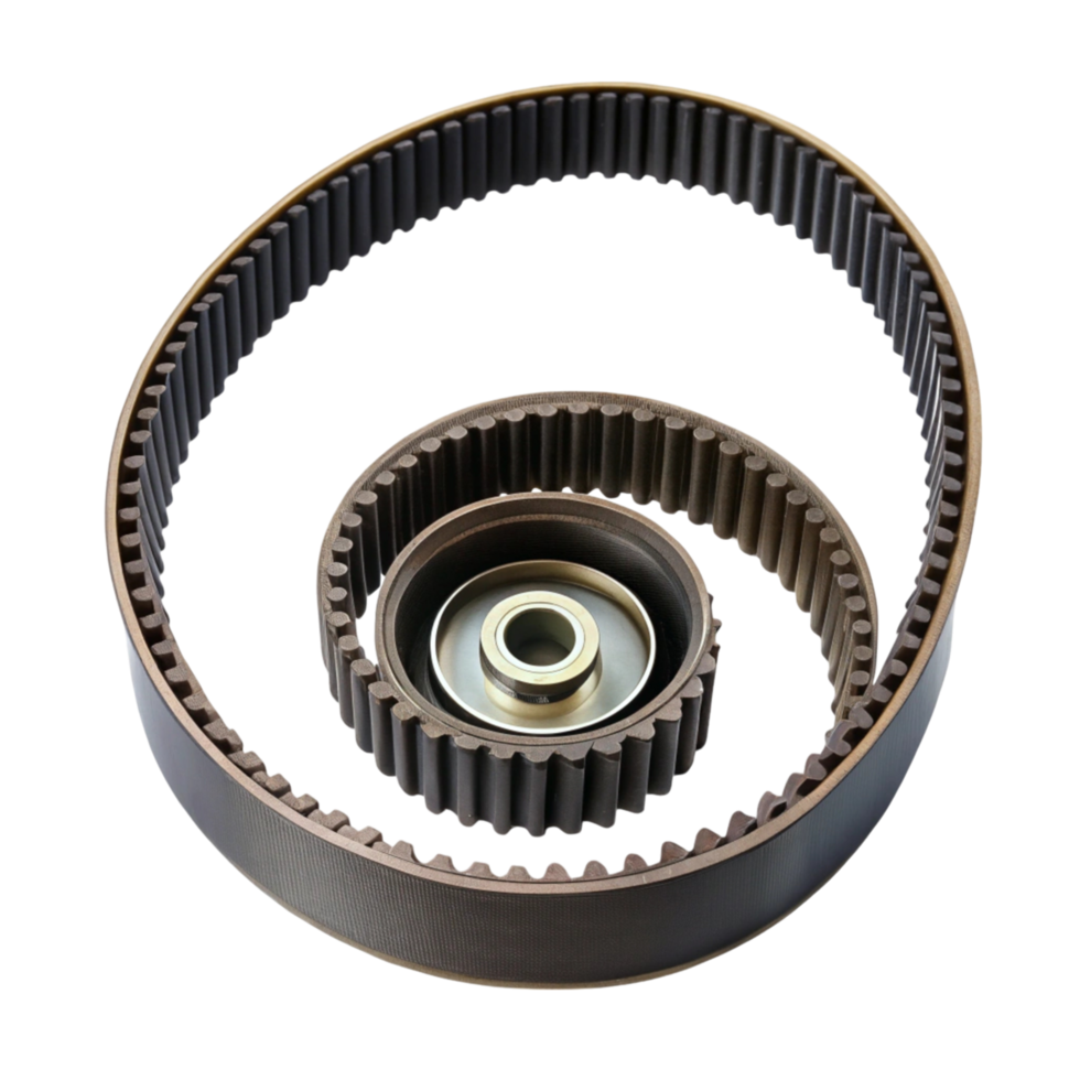 Durable automotive timing belt with metal tensioner suitable for engine parts replacement and car servicing png