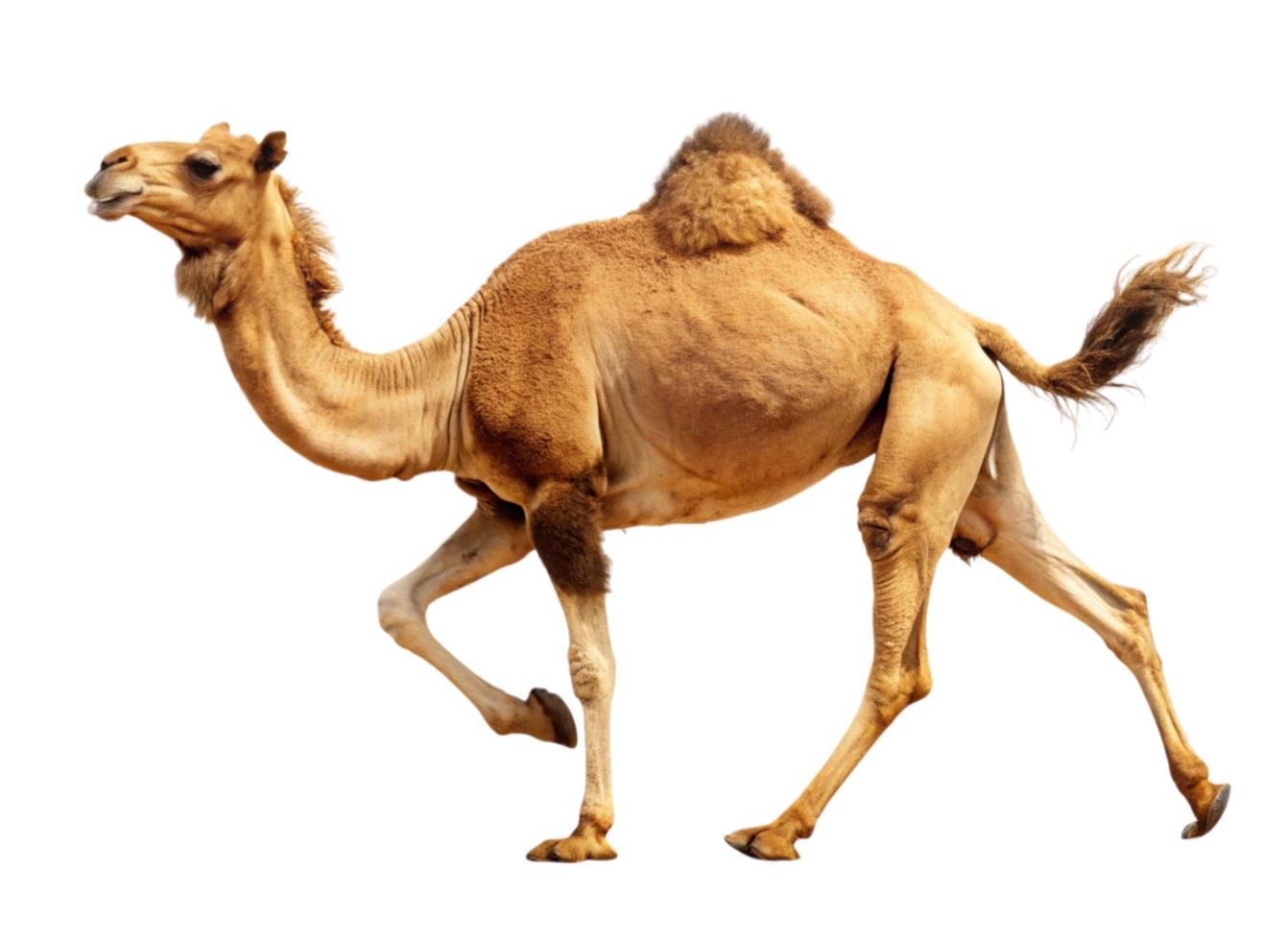A healthy camel in full stride on sandy terrain, perfectly silhouetted against a Transparent Background during a daytime desert walk png