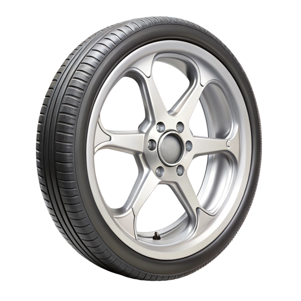 Close up of modern car wheel featuring alloy rim and tire isolated on Transparent Background for automotive use png