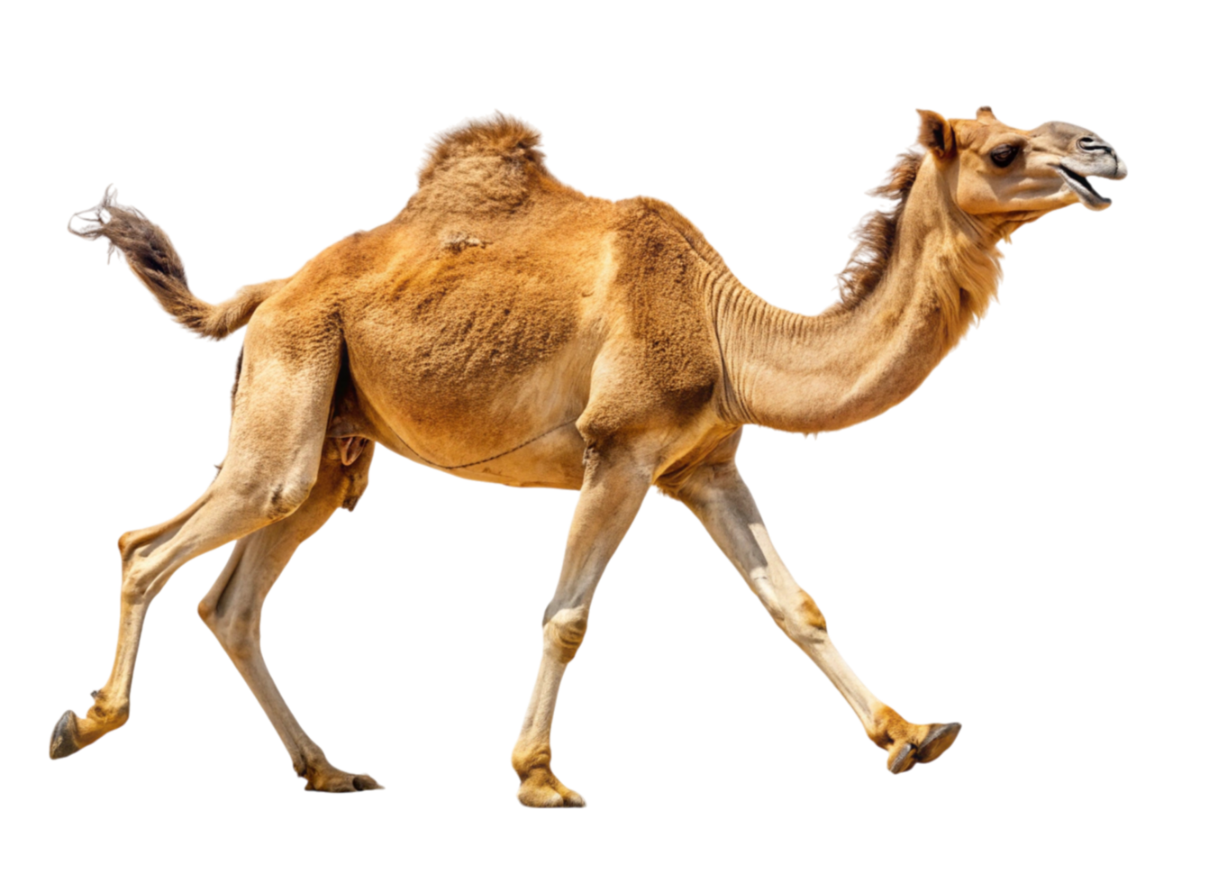 A camel running across a desert with a Transparent Background, captured in motion showing its strong body and distinctive features png