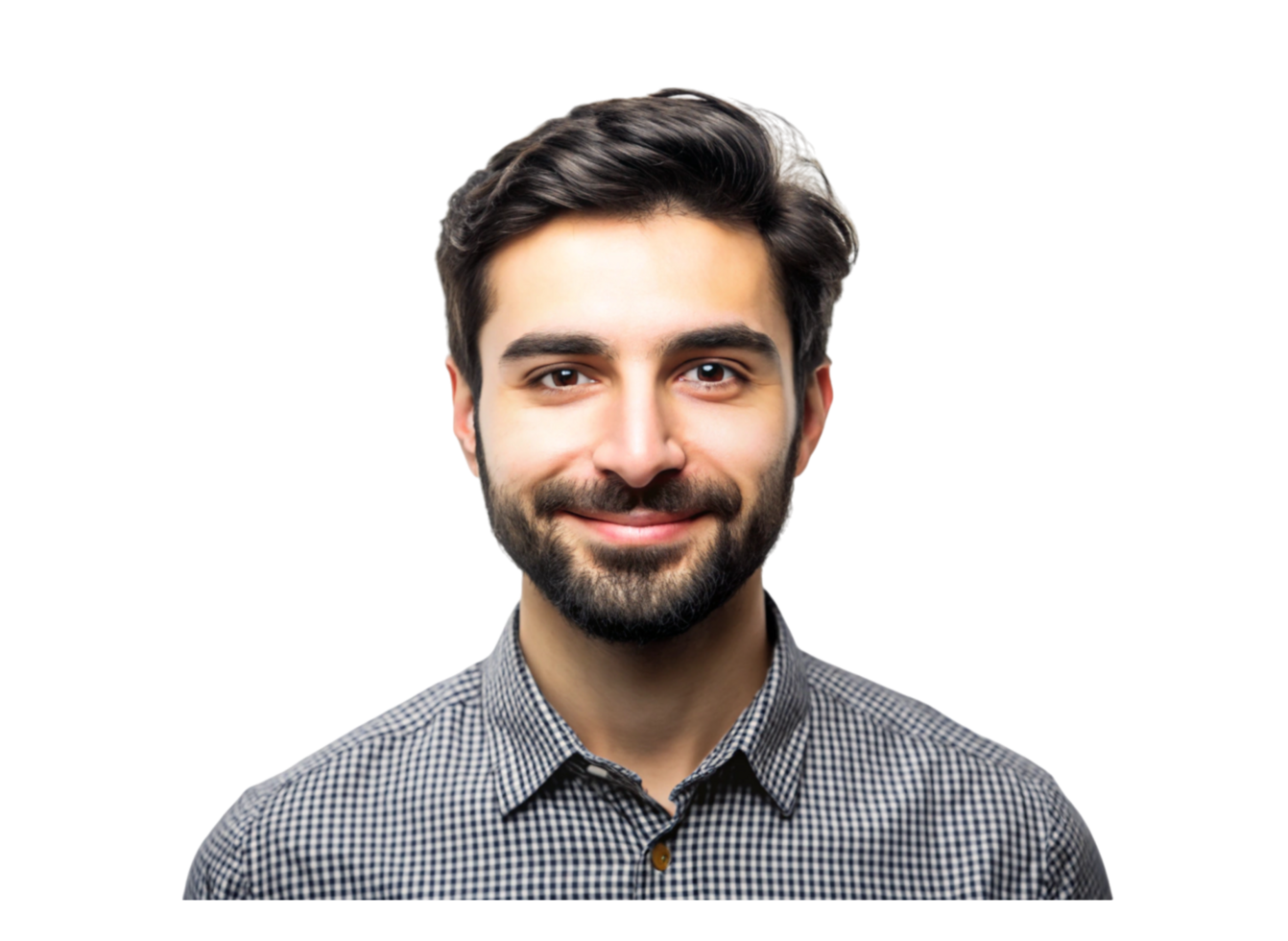 Happy young man with a beard, casually dressed in a checkered shirt, offering a confident smile on a plain Transparent Background png