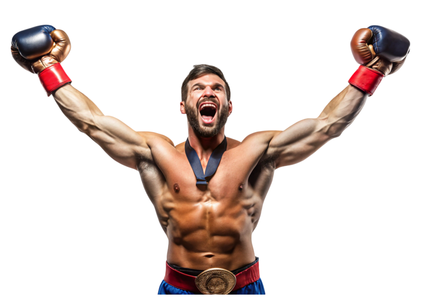 Champion boxer with muscular build and red gloves raising golden trophies in celebration of victory on Transparent Background png