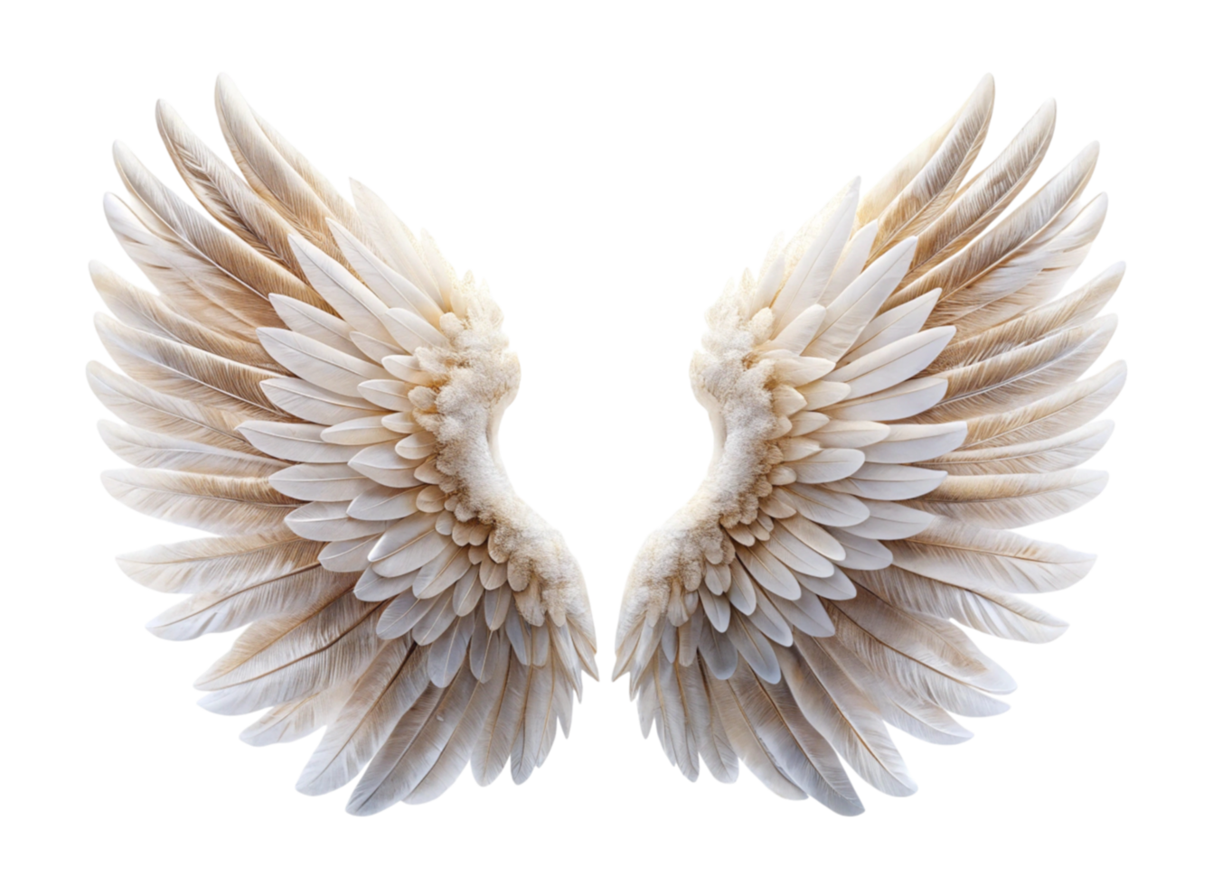 Exquisite pair of angel wings with fine, soft feathers, perfectly displayed in a symmetrical arrangement against a pure Transparent Background png