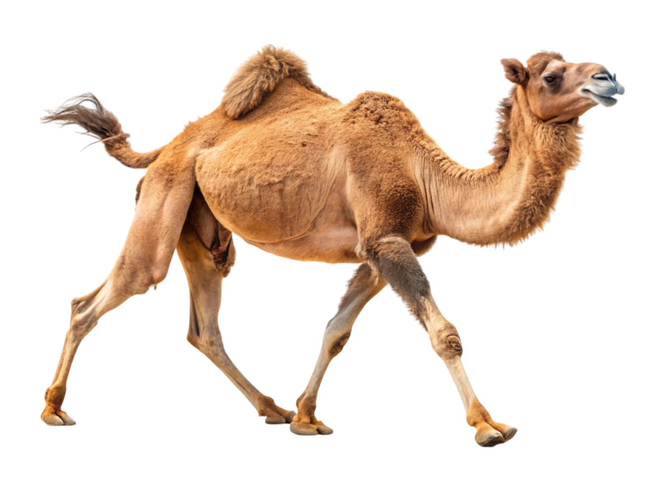 A camel walking on sand in a desert setting, captured with a Transparent Background highlighting its natural beauty and movement png