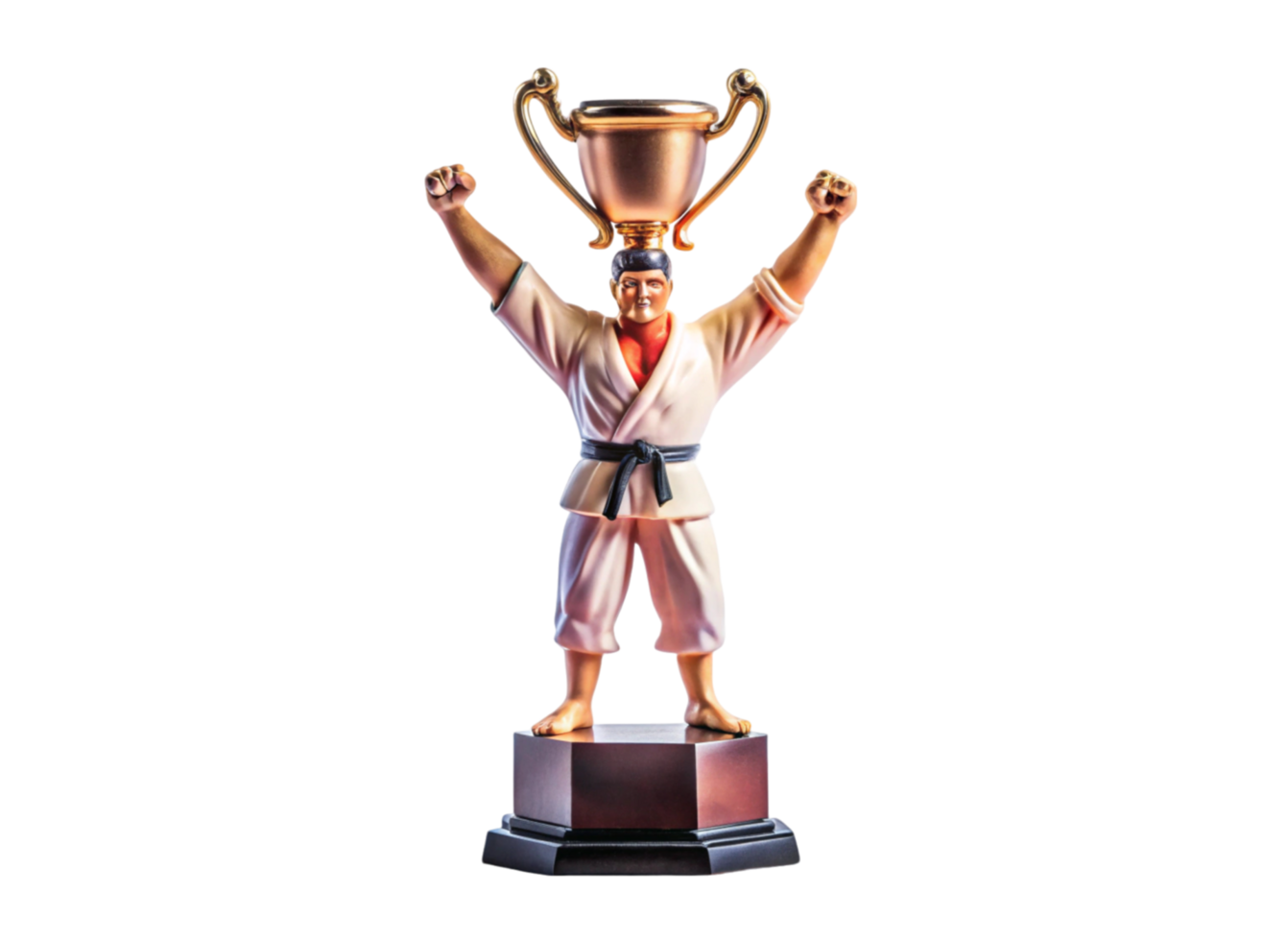 Strong muscular champion boxer lifting golden trophies in victory pose with red shorts and boxing gloves on Transparent Background png