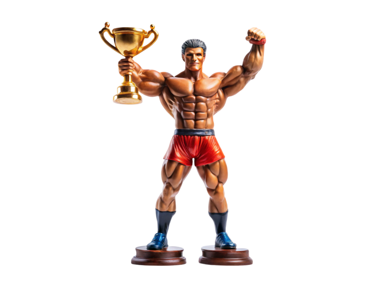 Triumphant boxer celebrating with raised arms holding golden trophies in a powerful pose on clean Transparent Background png