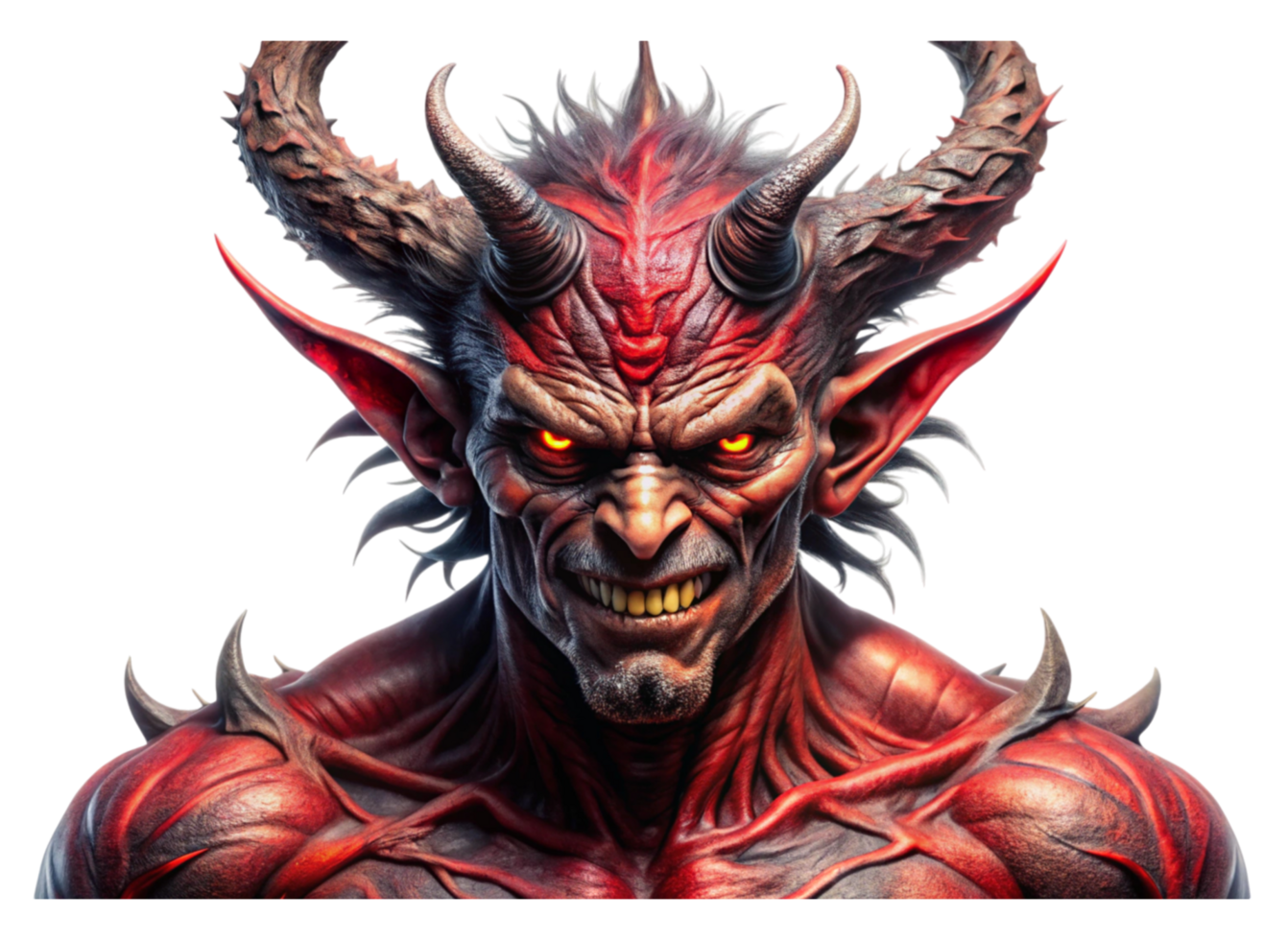 Menacing demon character with detailed red muscular body and sharp horns in a fantasy inspired illustration png
