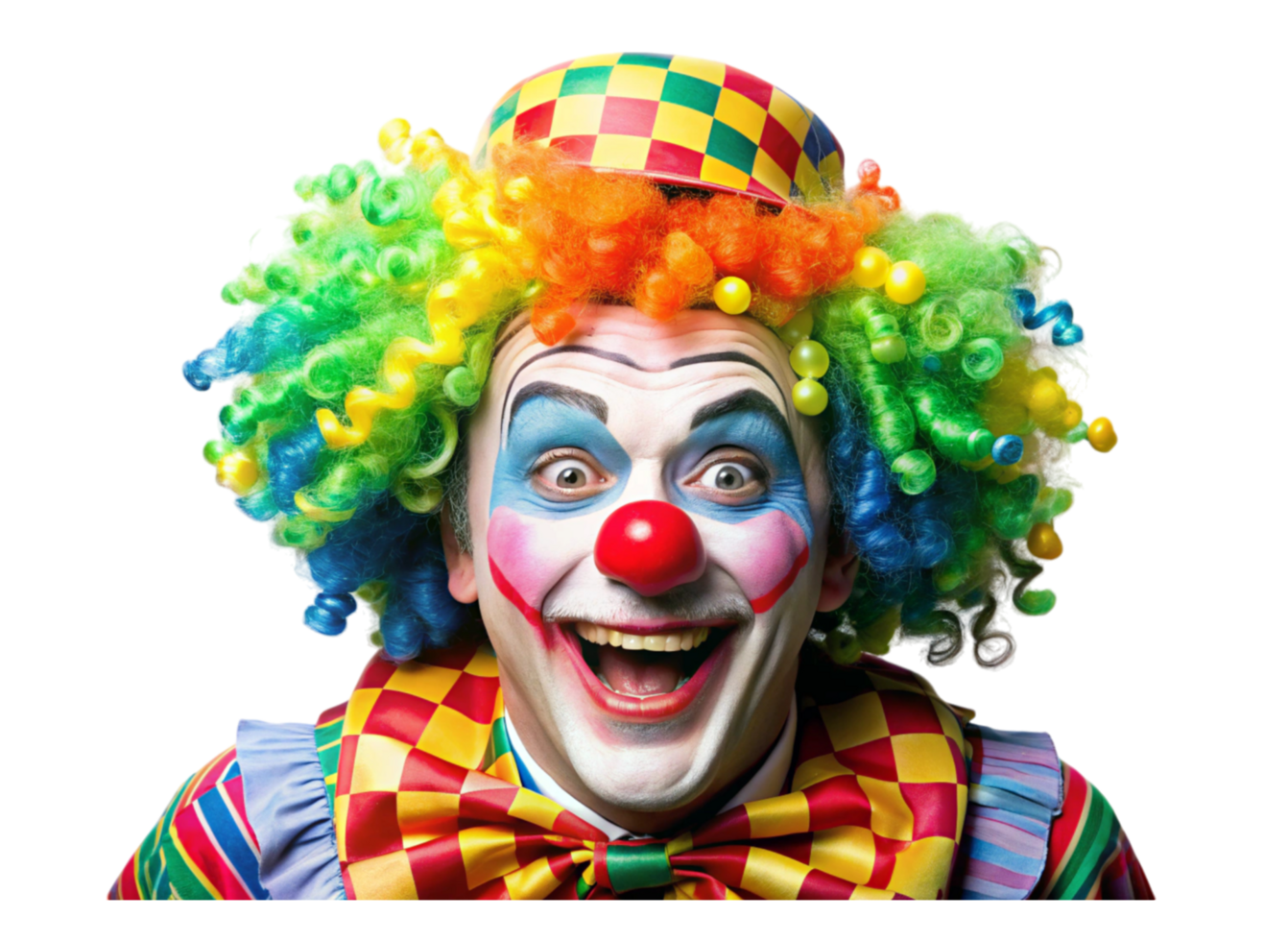 Close up of a cheerful clown with colorful costume and bright red nose, suitable for party or amusement related visuals png