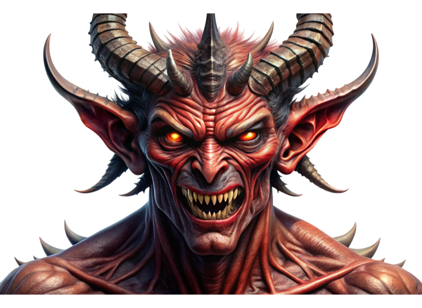 Powerful demon with muscular physique, large horns, and fierce expression in a high quality fantasy concept art png