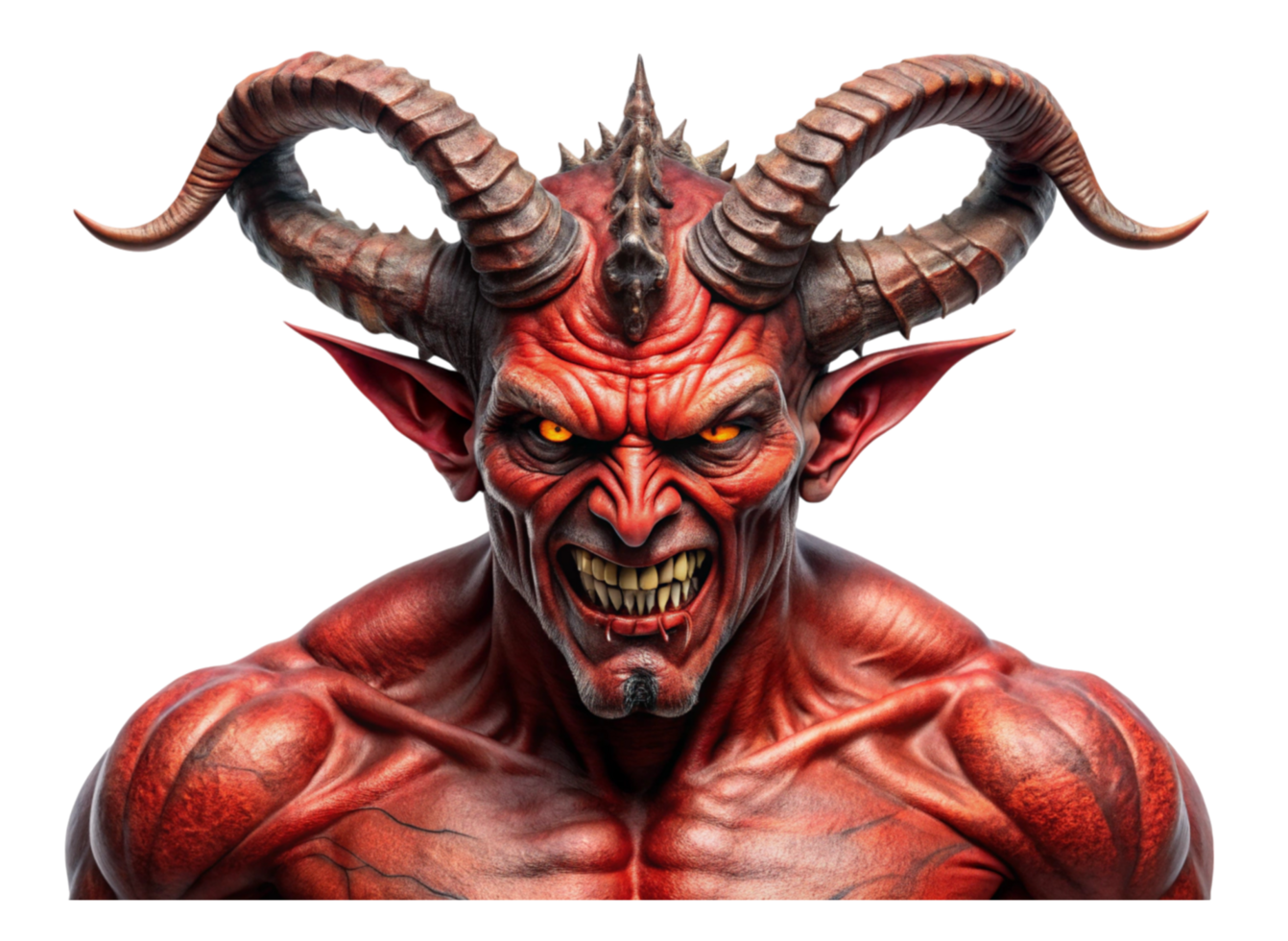 Fearsome demon with horns and fiery eyes, showcasing intense fury against a plain Transparent Background png