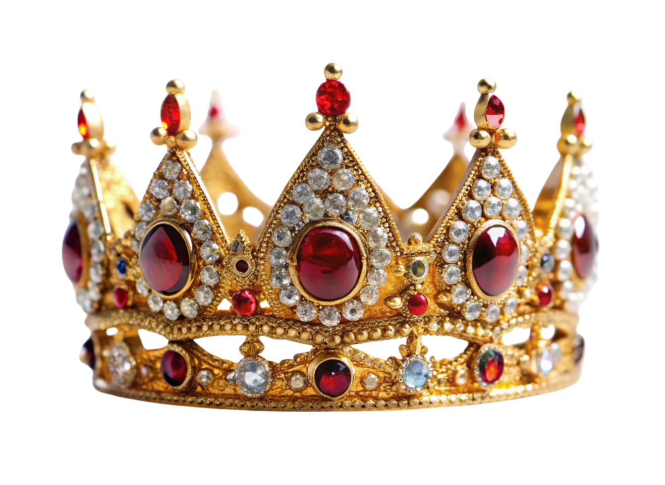 Gold crown adorned with precious red and green gems representing power royalty and exquisite craftsmanship png