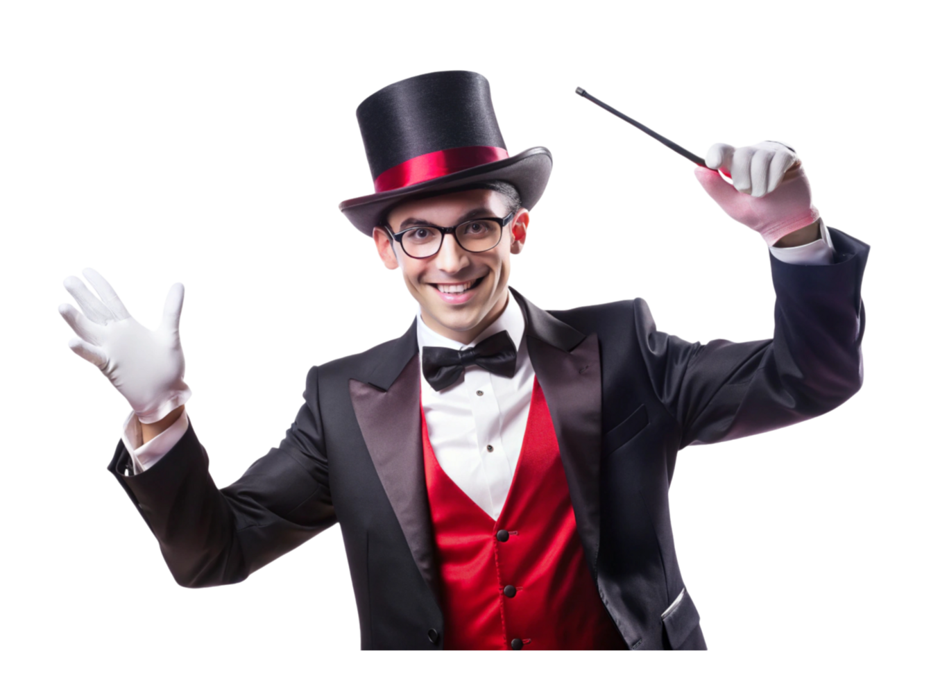 Smiling magician in top hat and red vest performing magic trick with wand on Transparent Background isolated portrait png