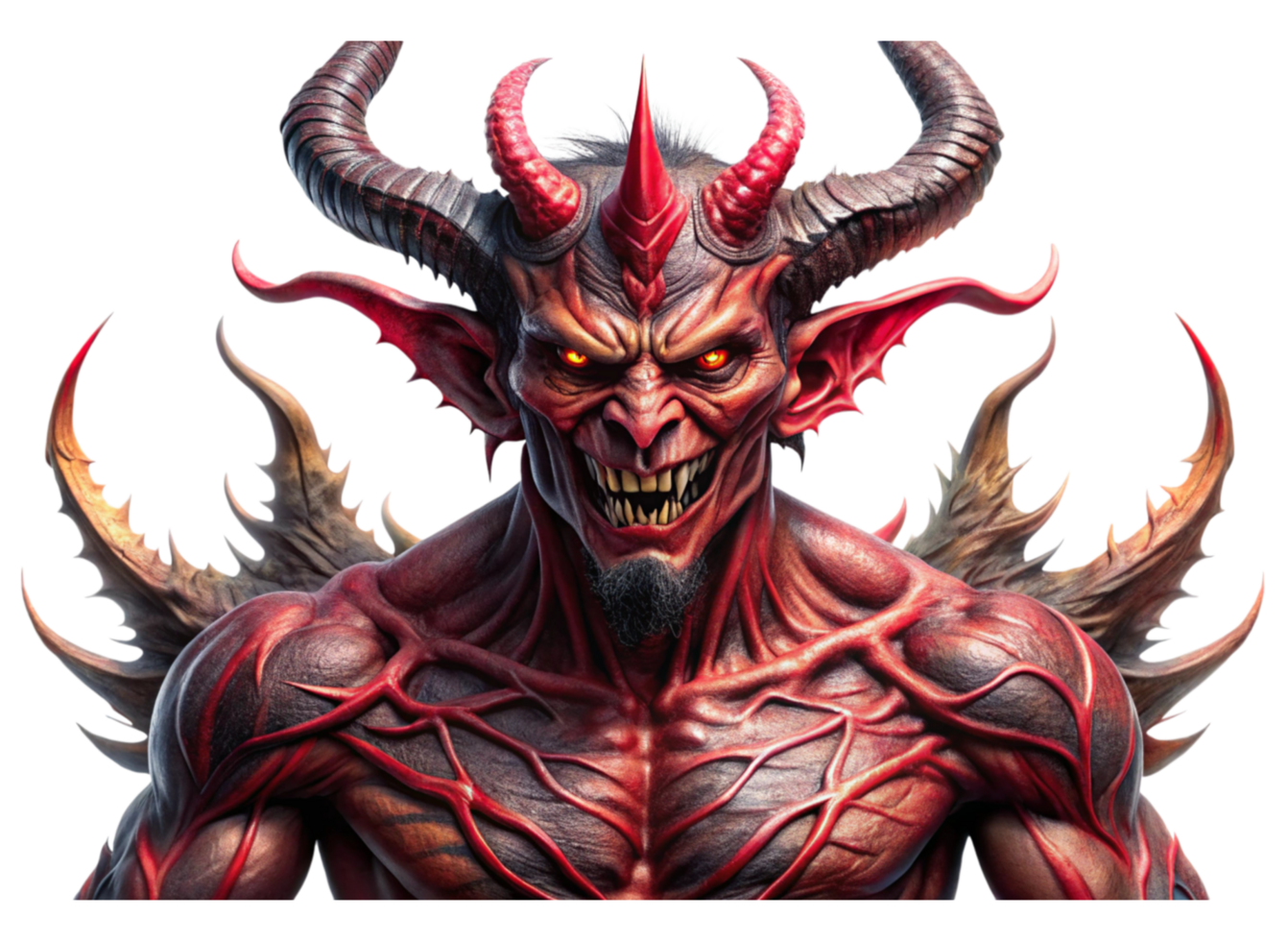 Detailed close up of a terrifying demon with glowing eyes, pointed teeth, and intricate horn details png