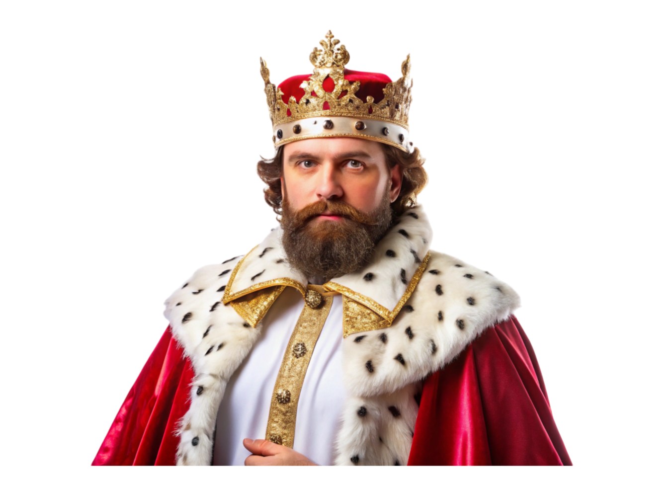 Majestic king in royal attire with crown and fur trimmed robe looking regal on Transparent Background png