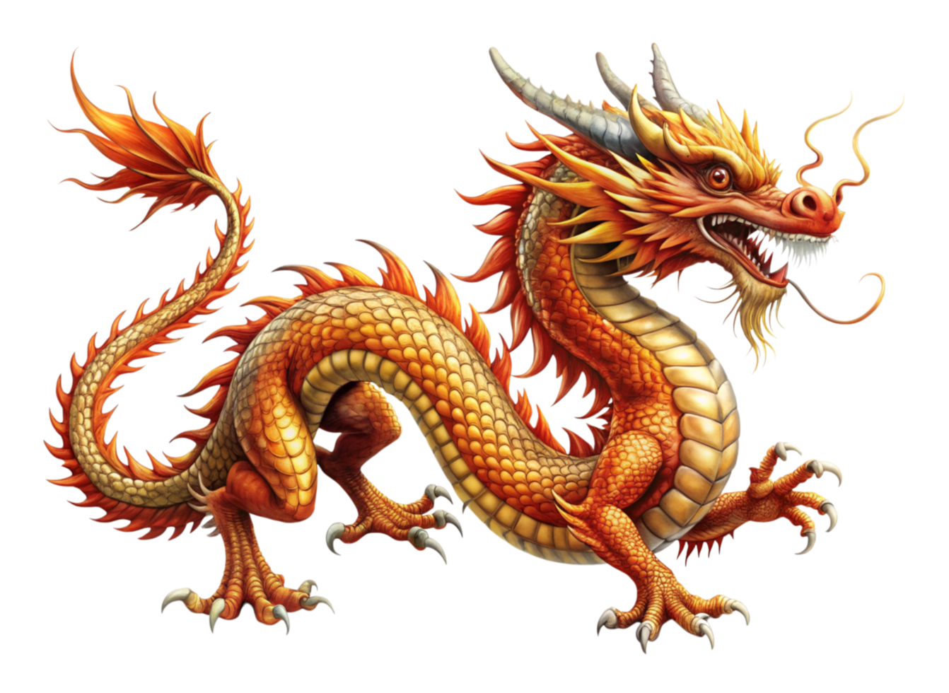Powerful dragon with horns and flames perfect for mythology and fantasy themes on Transparent Background png