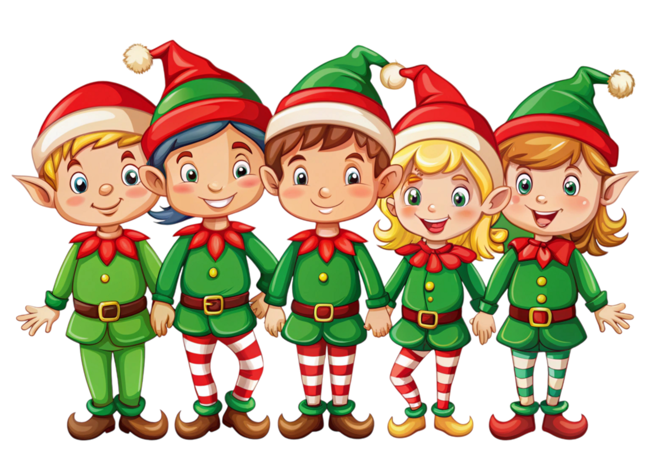 Group of cheerful cartoon elves in Christmas costumes smiling and holding hands on Transparent Background png