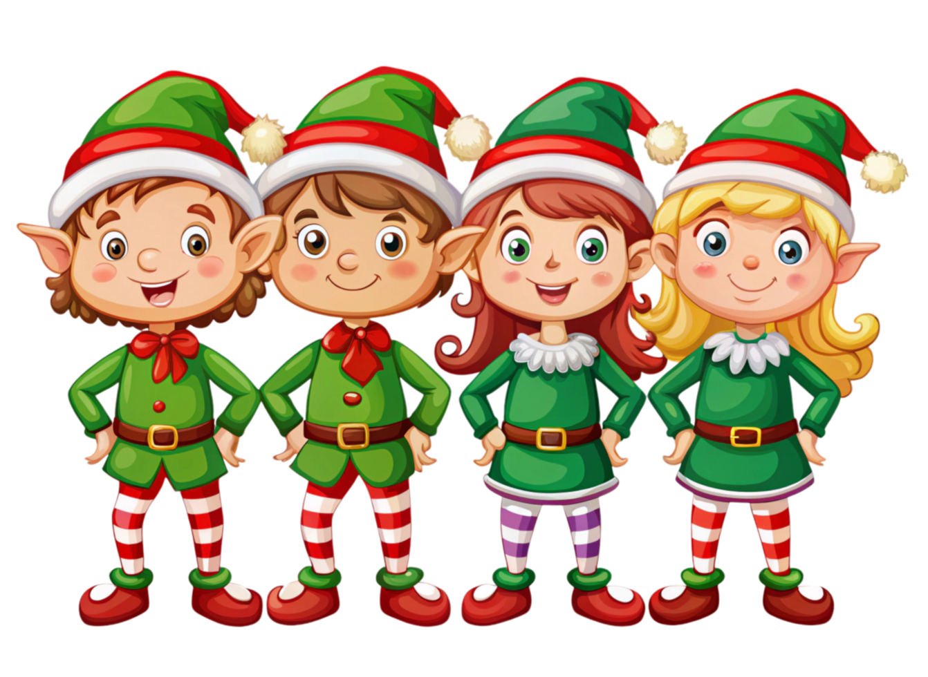 Cute holiday elves in green and red outfits with striped stockings isolated on a Transparent Background png
