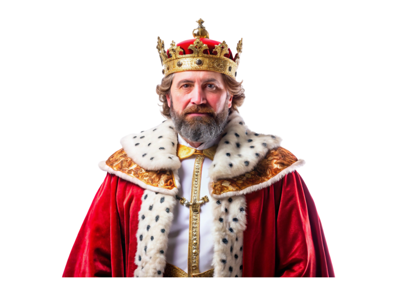 Bearded king wearing golden crown and red velvet robe with fur trim isolated against Transparent Background png