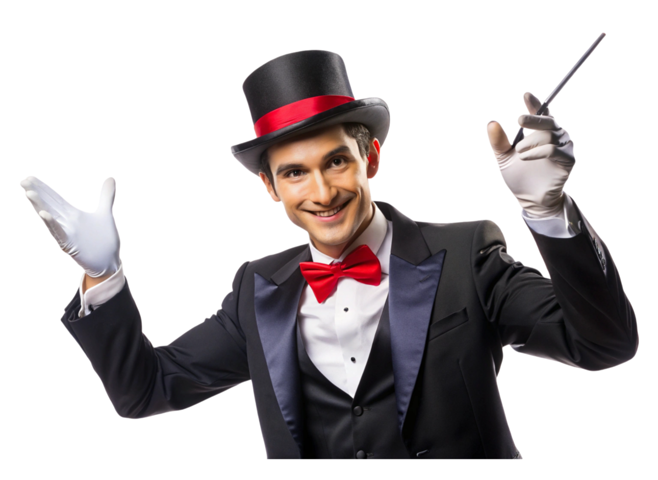 Entertaining magician dressed in tuxedo with red details holding magic wand cheerful expression on Transparent Background png