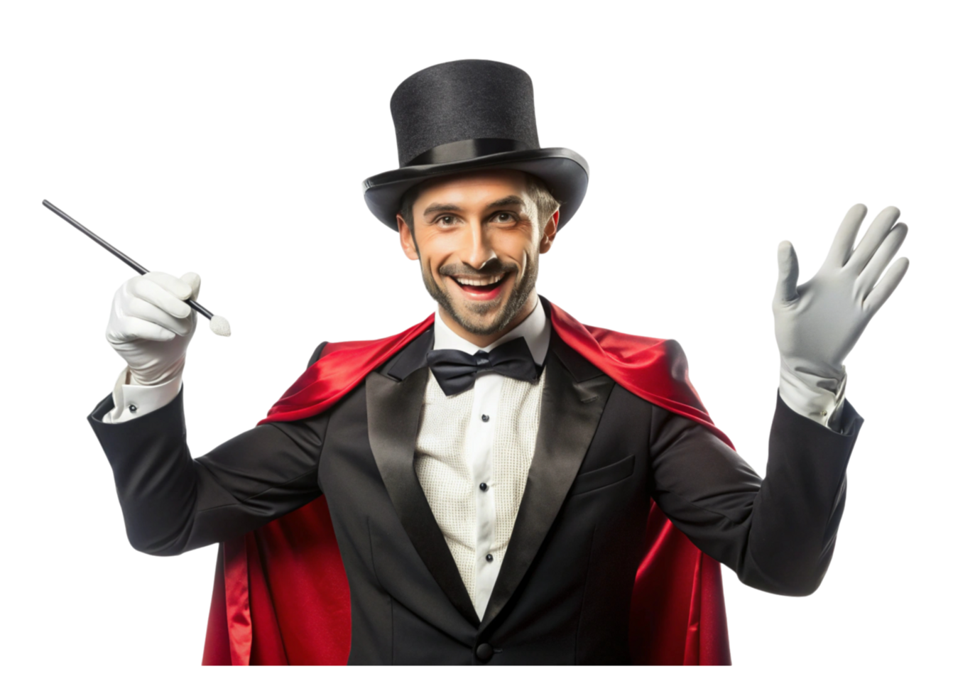 Classic magician with bow tie top hat and magic wand smiling and gesturing isolated against Transparent Background png