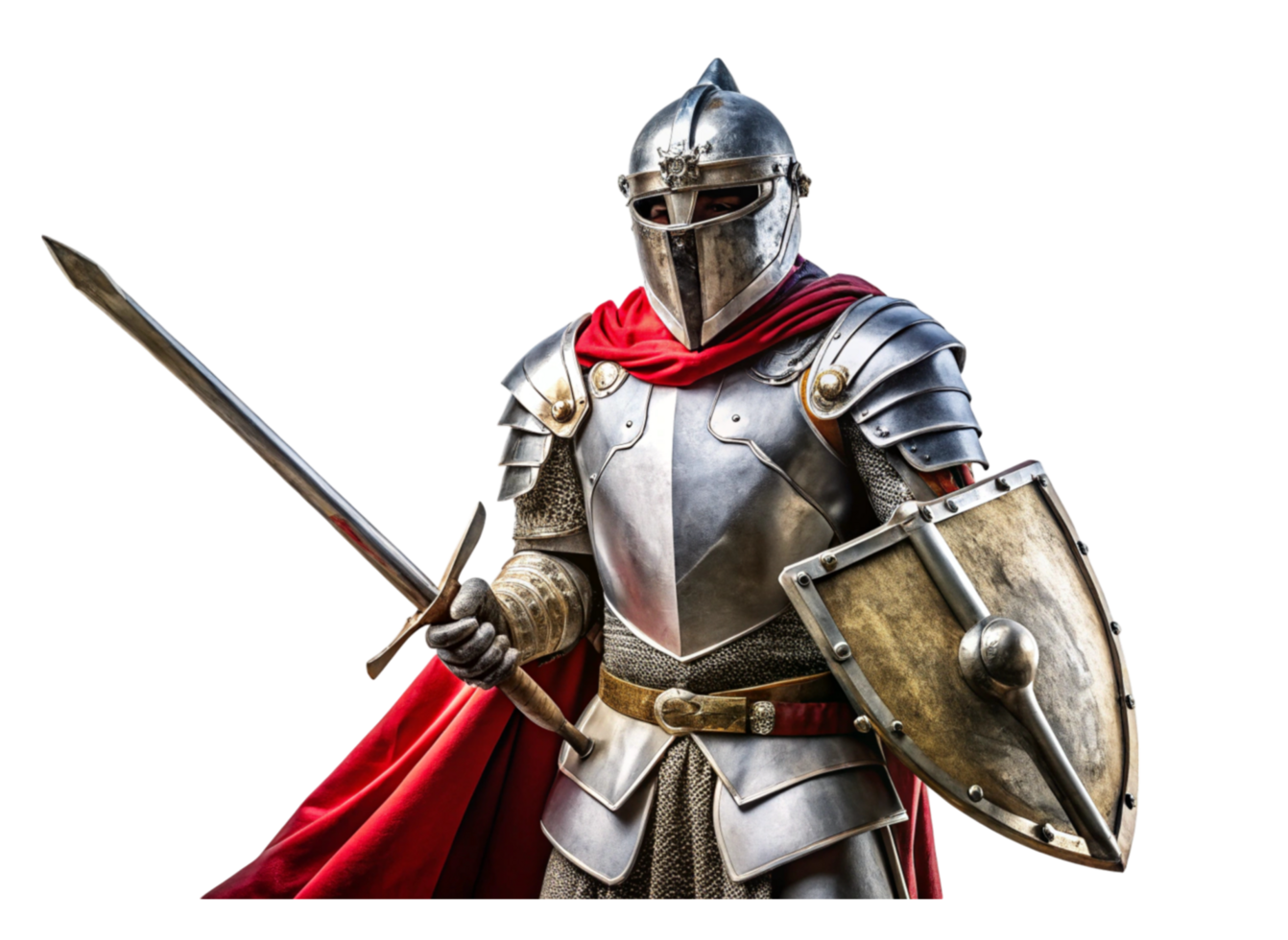 Brave medieval knight in full armor with sword and shield wearing red cape isolated on Transparent Background png