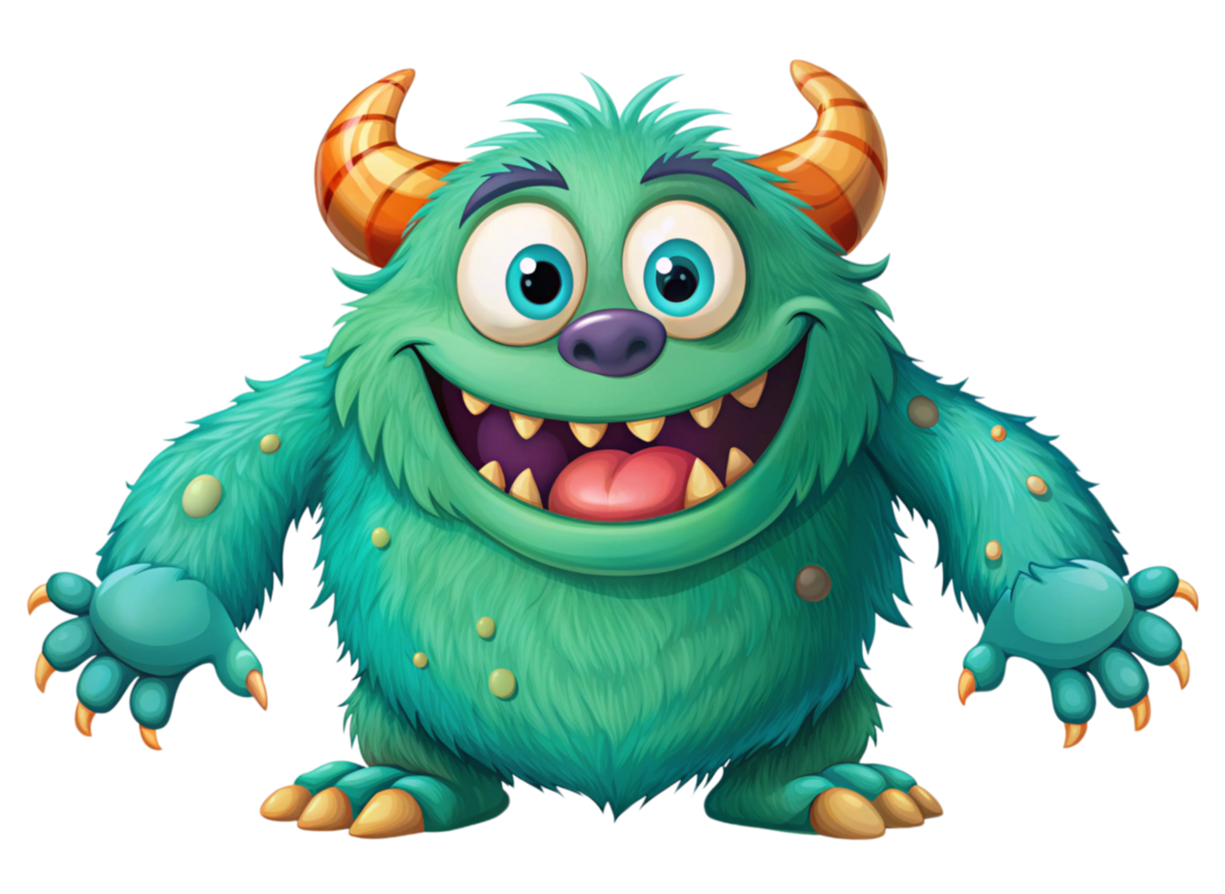 Colorful furry cartoon monster with big eyes and horns on a Transparent Background friendly character illustration png