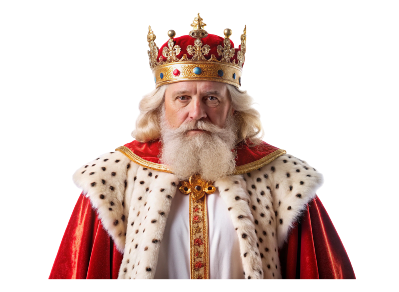 Royal monarch dressed in elaborate costume with crown and cape isolated on Transparent Background png