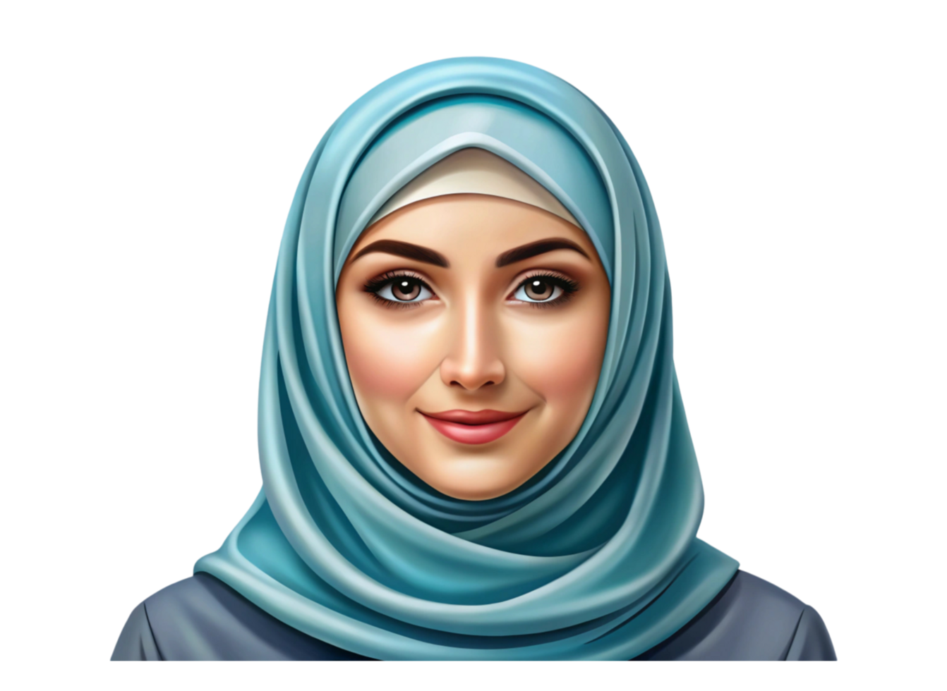 Beautiful digital avatar of a Muslim woman in a hijab, smiling softly, isolated on a Transparent Background for profile use png