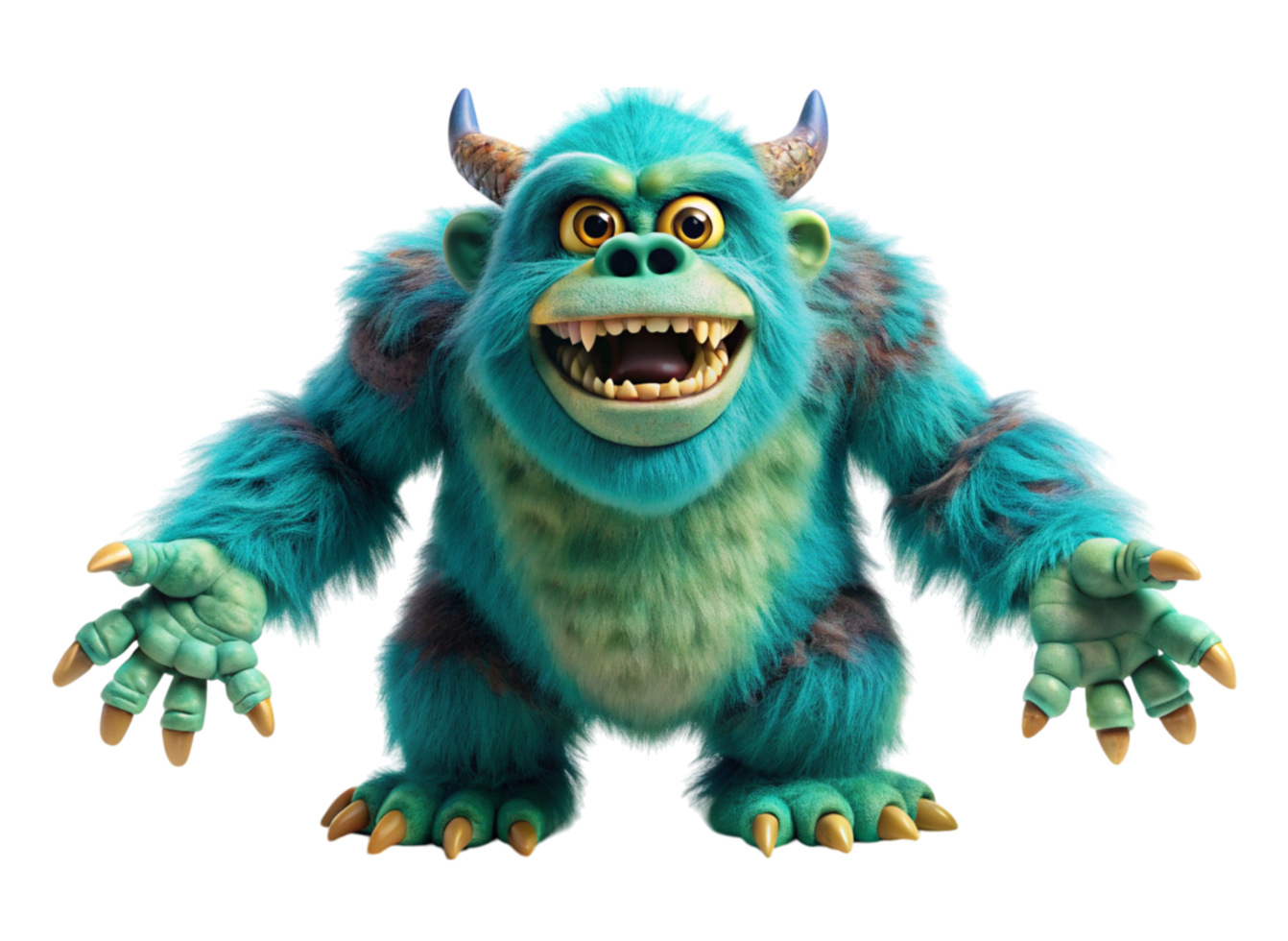 Friendly Cartoon Monster with Vibrant Colors, Big Eyes, and Horns, Standing on Transparent Background png