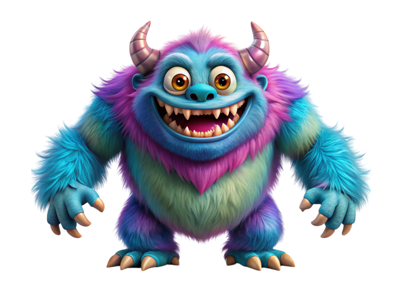 Cute and Colorful Cartoon Monster with Horns and Furry Body on Transparent Background, Expressive and Playful png