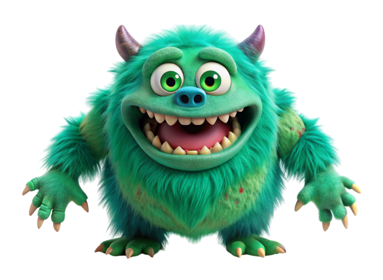 Happy cartoon monster with horns and fuzzy fur colorful character design isolated on a Transparent Background png