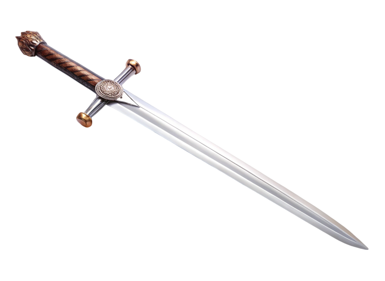 Medieval style sword with double edged blade, ornate hilt, and leather wrapped handle isolated on Transparent Background png