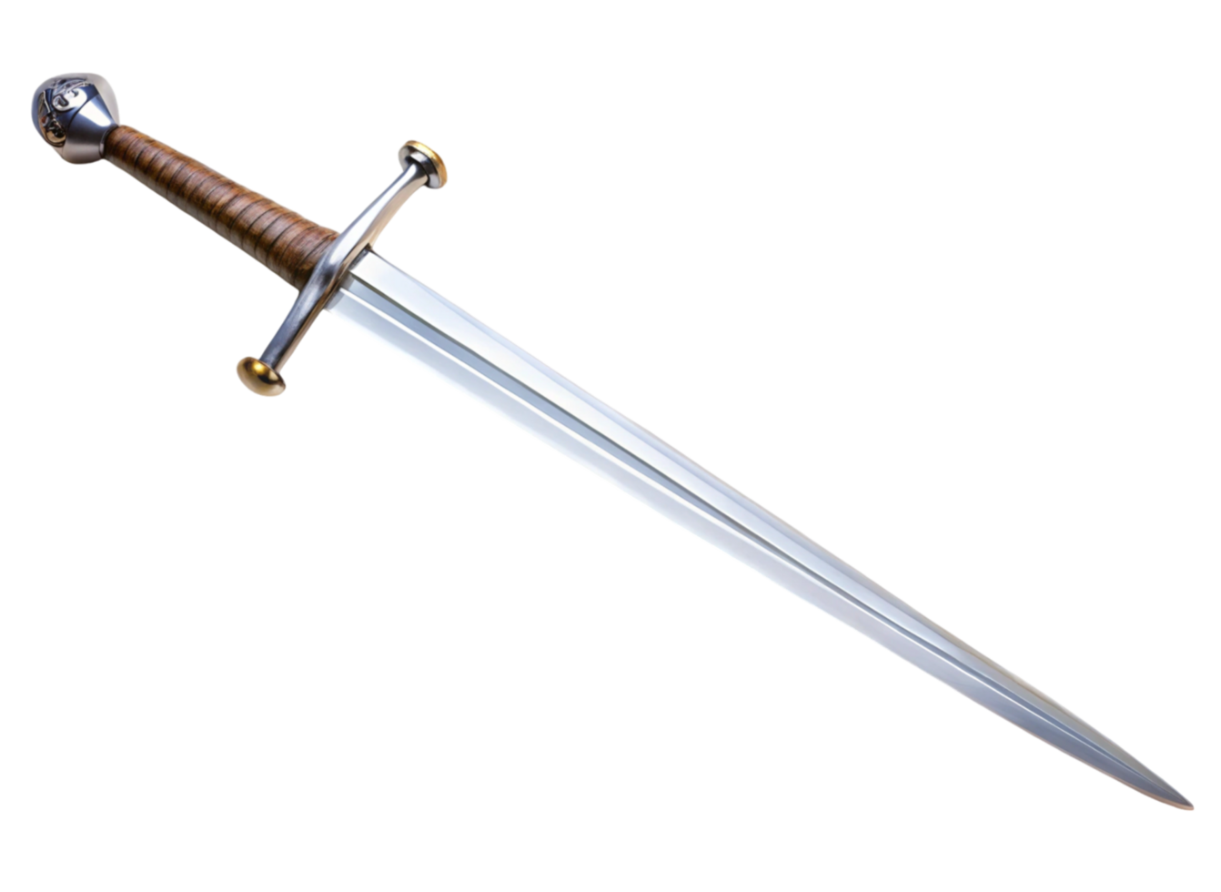 Close up of classic medieval sword with polished steel blade and detailed hilt design on Transparent Background png