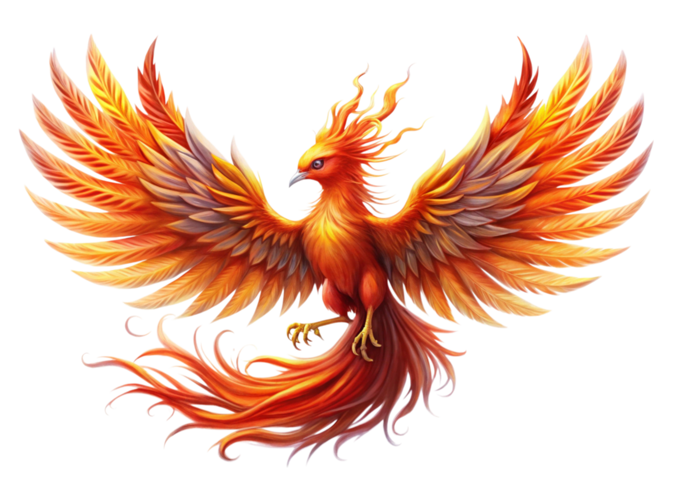 Fiery mythical phoenix with detailed feather work, wide wingspan, and intense gaze, embodying rebirth and transformation png