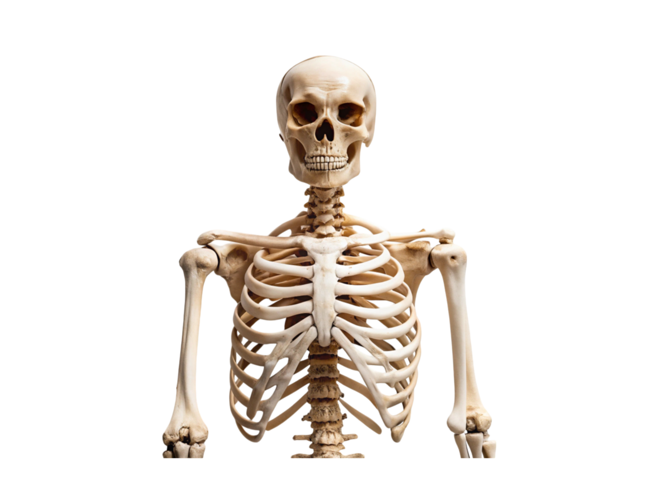 Realistic human skeleton model showing intricate bone details, including skull and rib cage, on plain Transparent Background png