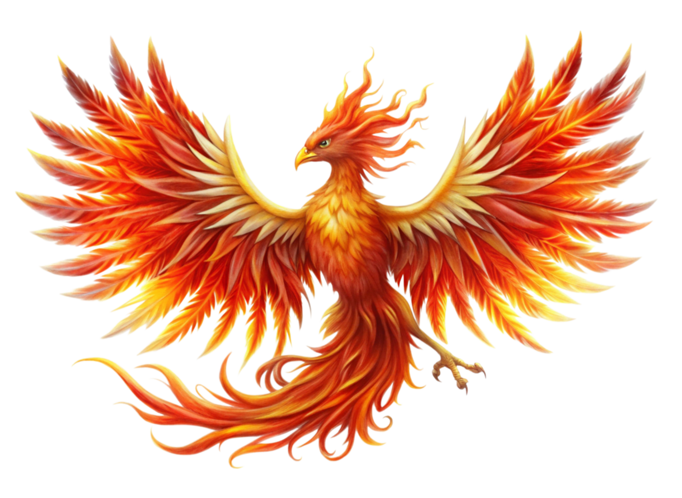 Majestic illustration of a fiery phoenix with vibrant red and orange feathers, symbolizing rebirth and strength on Transparent Background png