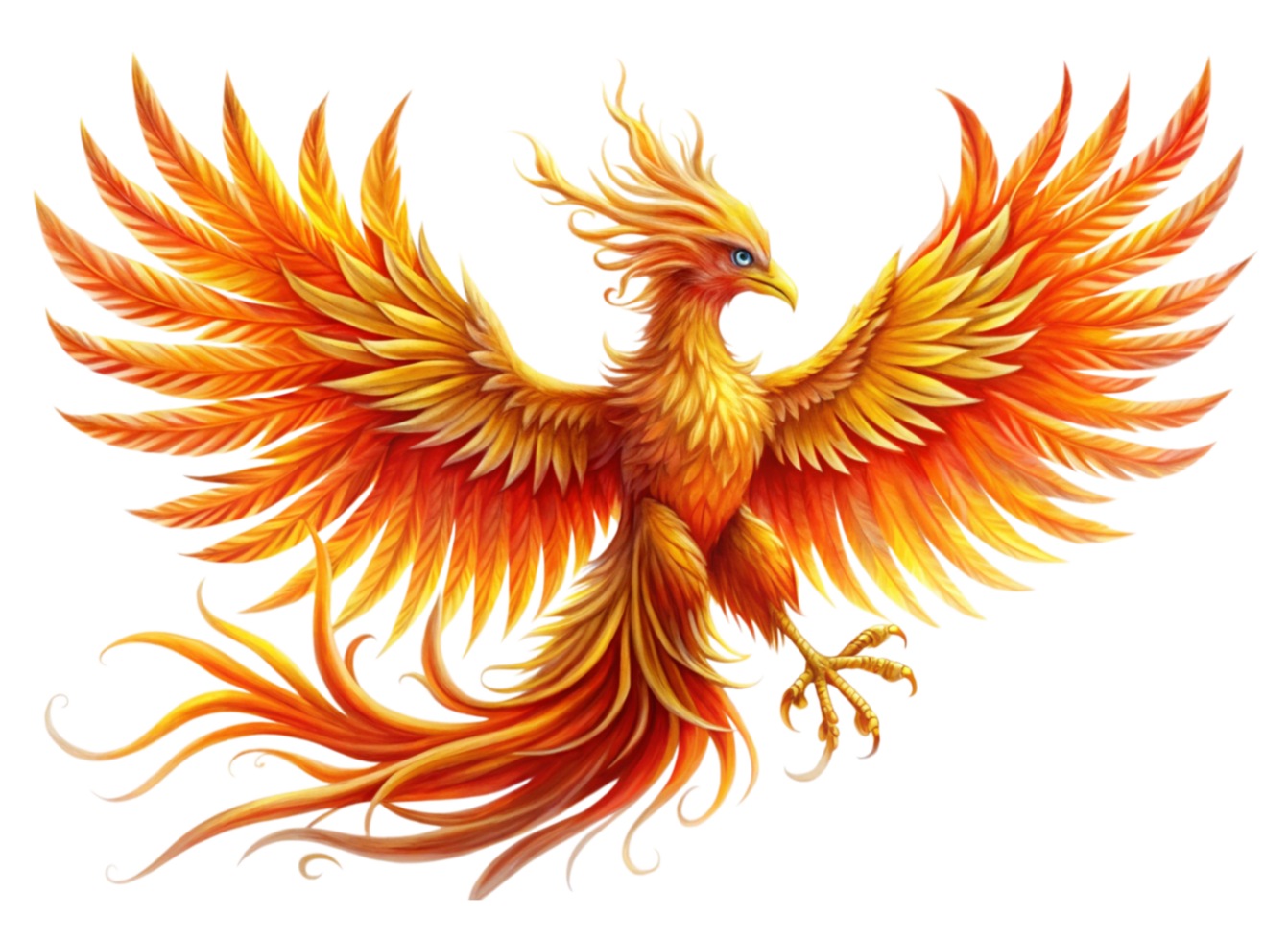 Stunning depiction of a mythical phoenix in full flight with spread wings and blazing feathers, isolated on white png