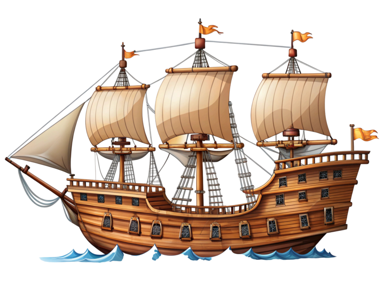 Antique wooden pirate galleon with elaborate rigging, open sails, and historic maritime architecture on Transparent Background png