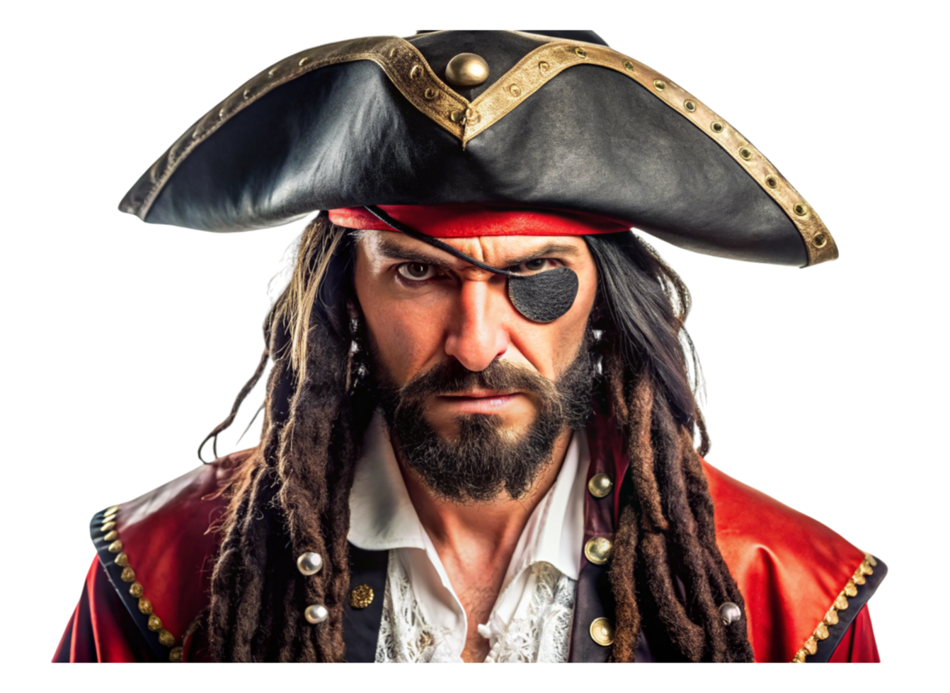 Fearsome pirate with dreadlocks, tricorn hat, and eyepatch, embodying a classic swashbuckler look, isolated on white png