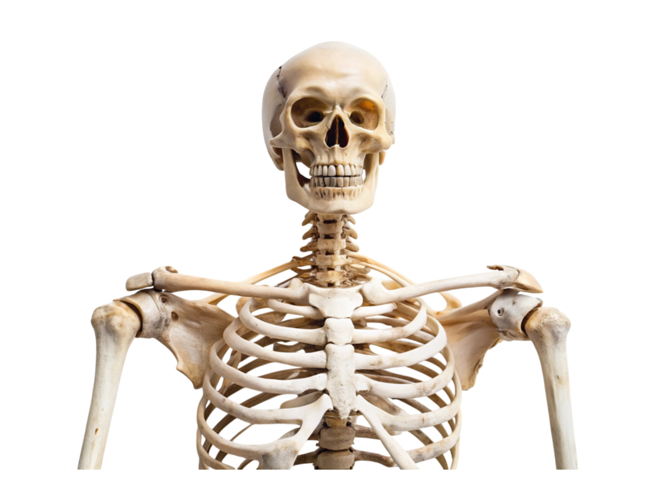 Full human skeleton model with visible skull, rib cage, and spine, isolated on Transparent Background, ideal for anatomy studies png
