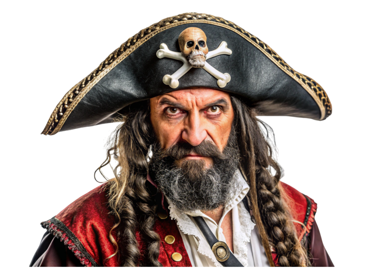 Portrait of a pirate captain with skull and crossbones hat, fierce expression, and rugged attire on Transparent Background png