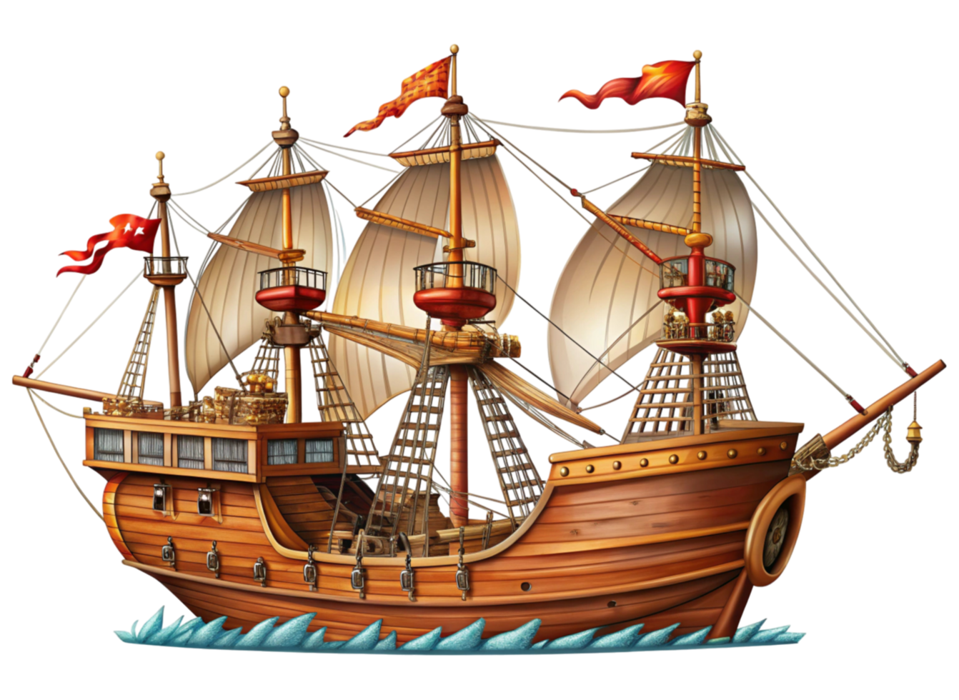 Iconic wooden sailing ship with multiple sails and masts, symbolizing the golden age of piracy and sea exploration png