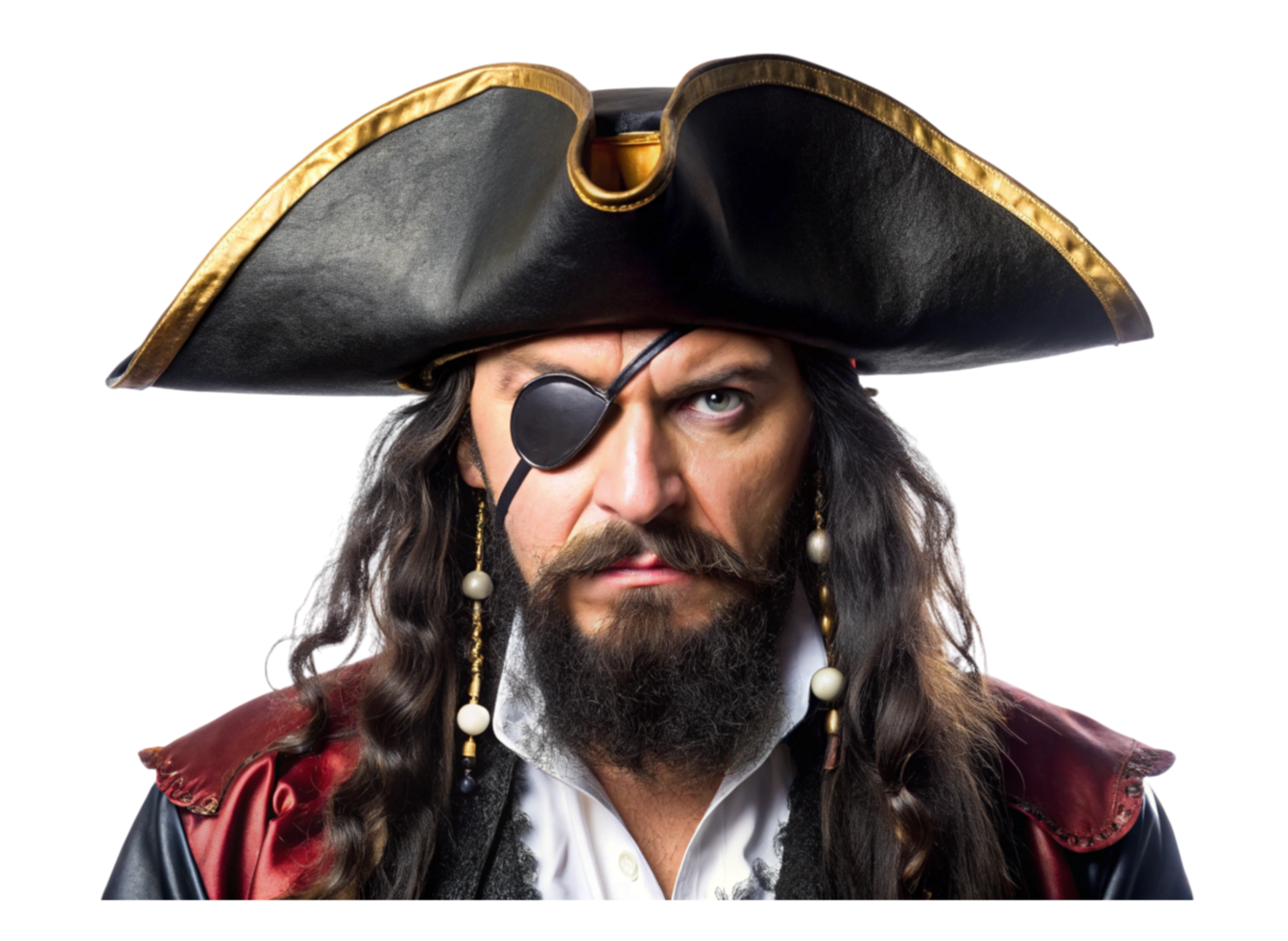 Rugged pirate with tricorn hat, beard, and eyepatch, dressed in historical costume, isolated for adventure and fantasy themes png