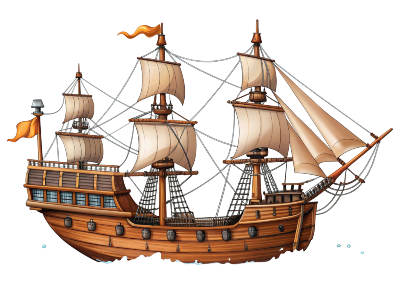Vintage style sailing ship with intricate woodwork, open sails, and rigging, evoking historic maritime adventures png
