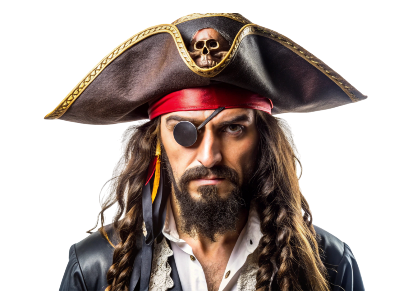 Fierce pirate with eyepatch and tricorn hat in classic attire, showcasing rugged look and intense expression, isolated on white png