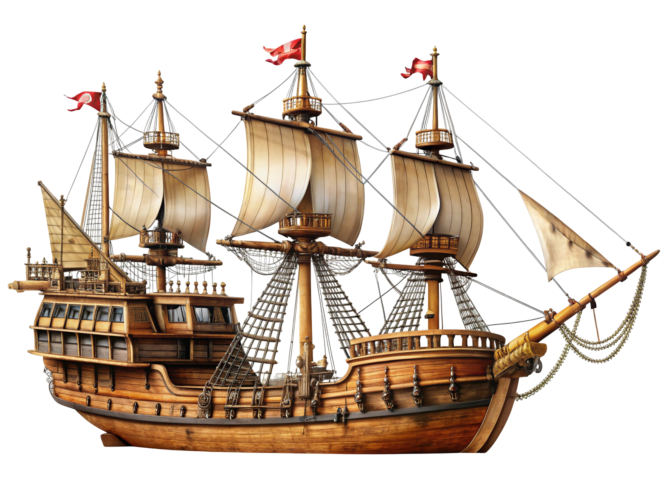 Three masted wooden sailing ship with iconic pirate flag, full sails, and detailed hull, evoking adventure on the high seas png