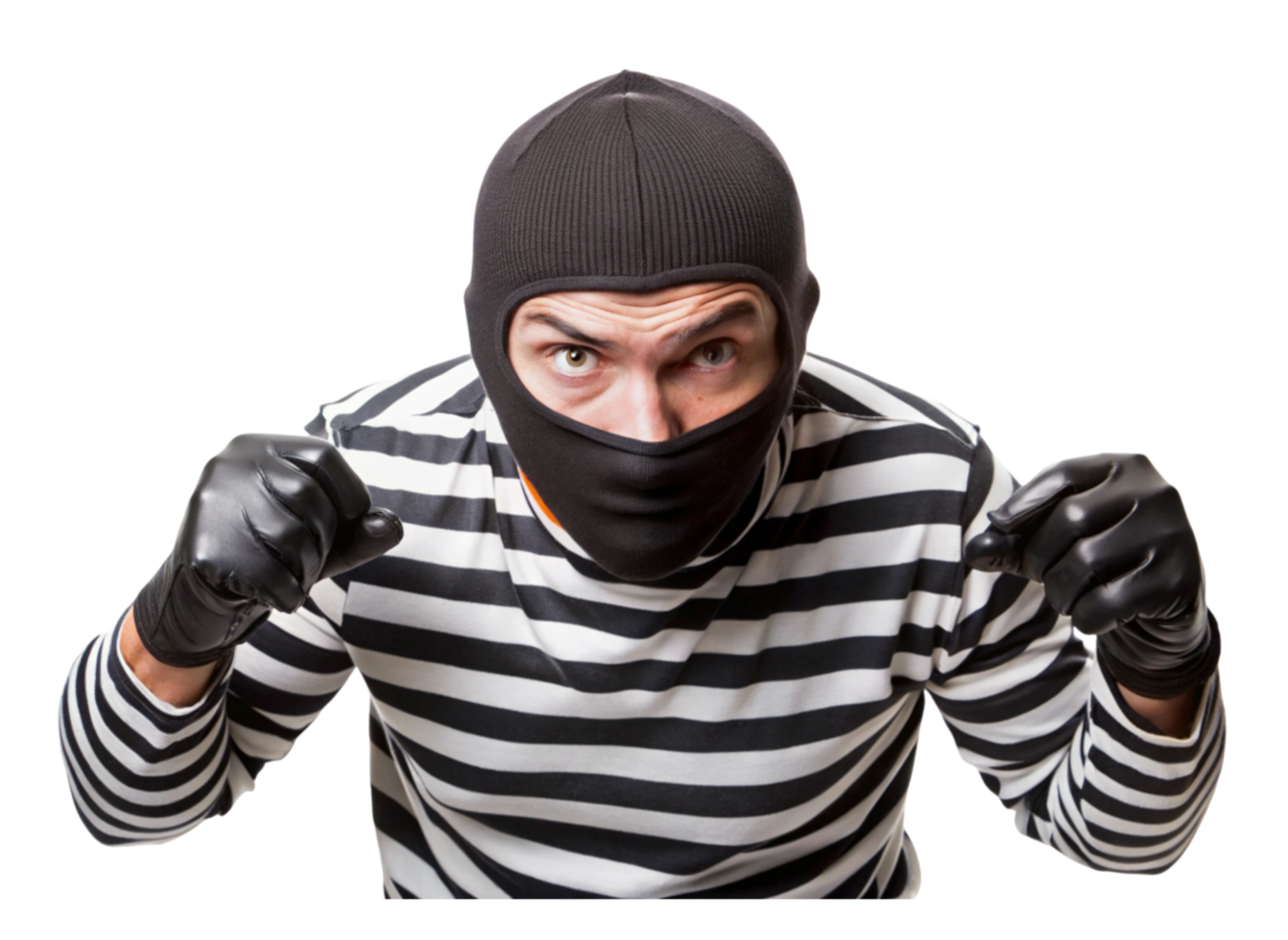 Burglar wearing black balaclava, leather gloves, and striped shirt posing in aggressive stance, white studio backdrop png