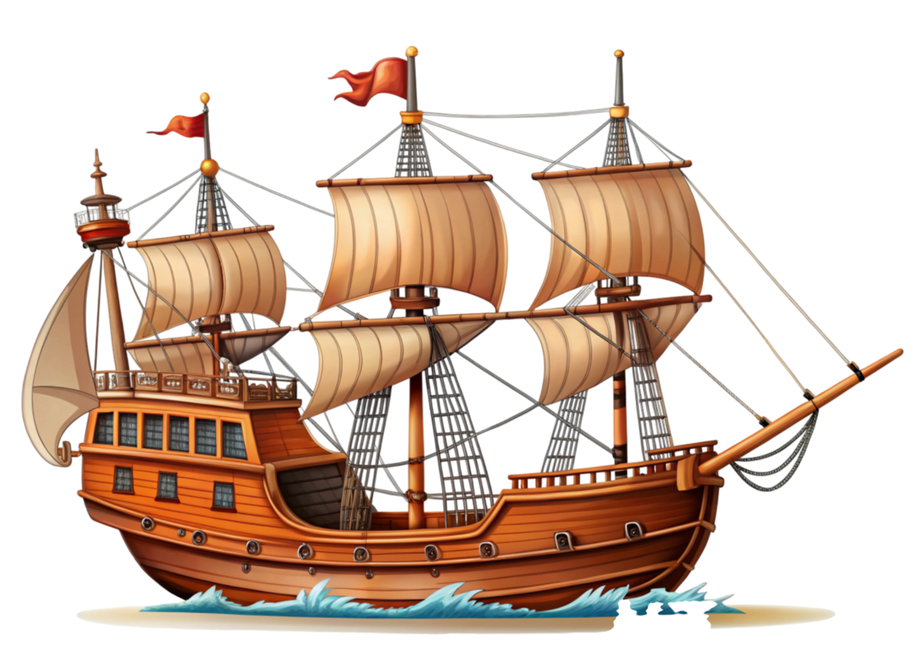 Pirate galleon with full sails and masts, featuring detailed rigging and craftsmanship, isolated on Transparent Background png