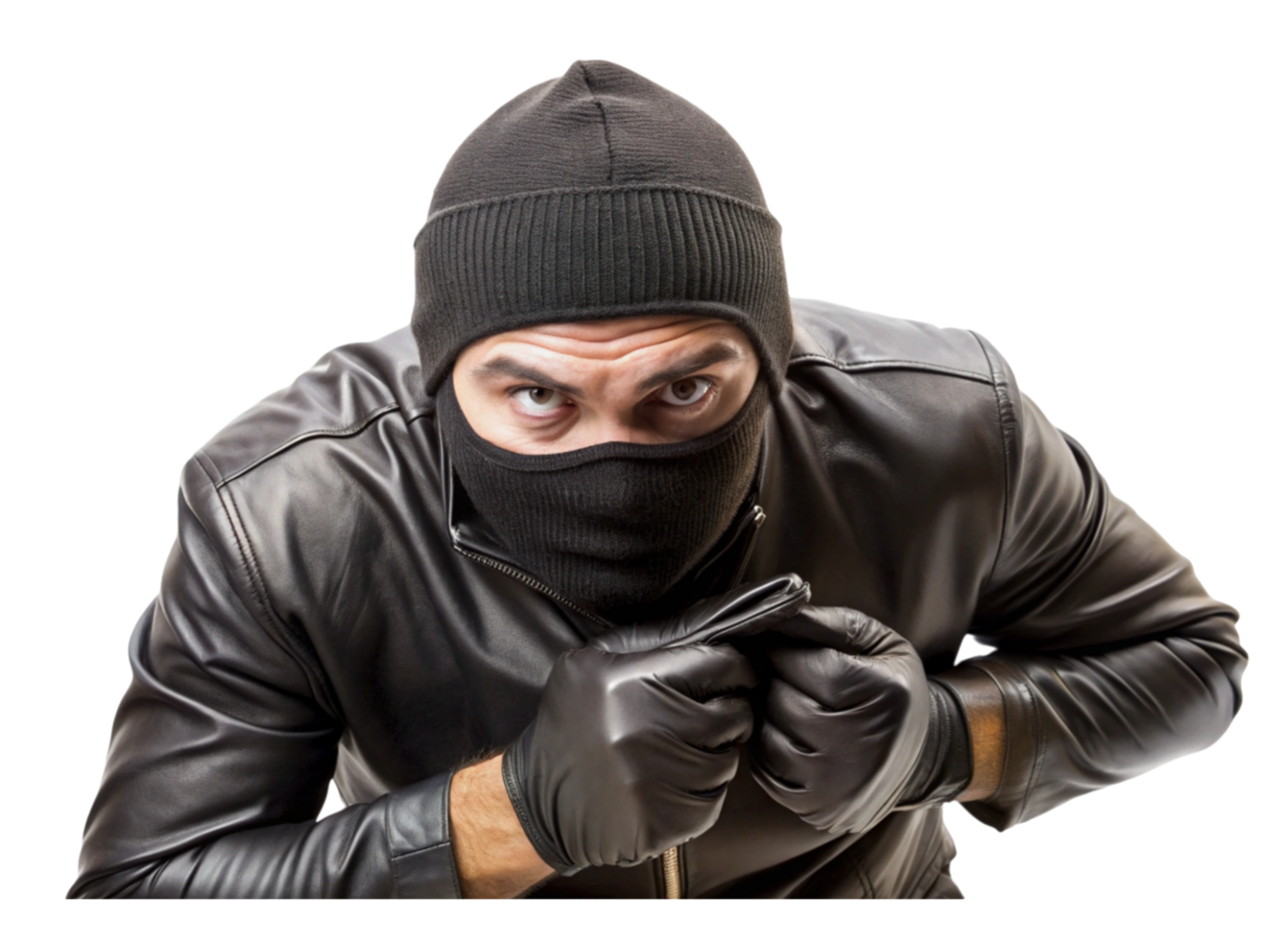 Close up of masked man in classic burglar attire with striped shirt and gloves, showcasing criminal intent png