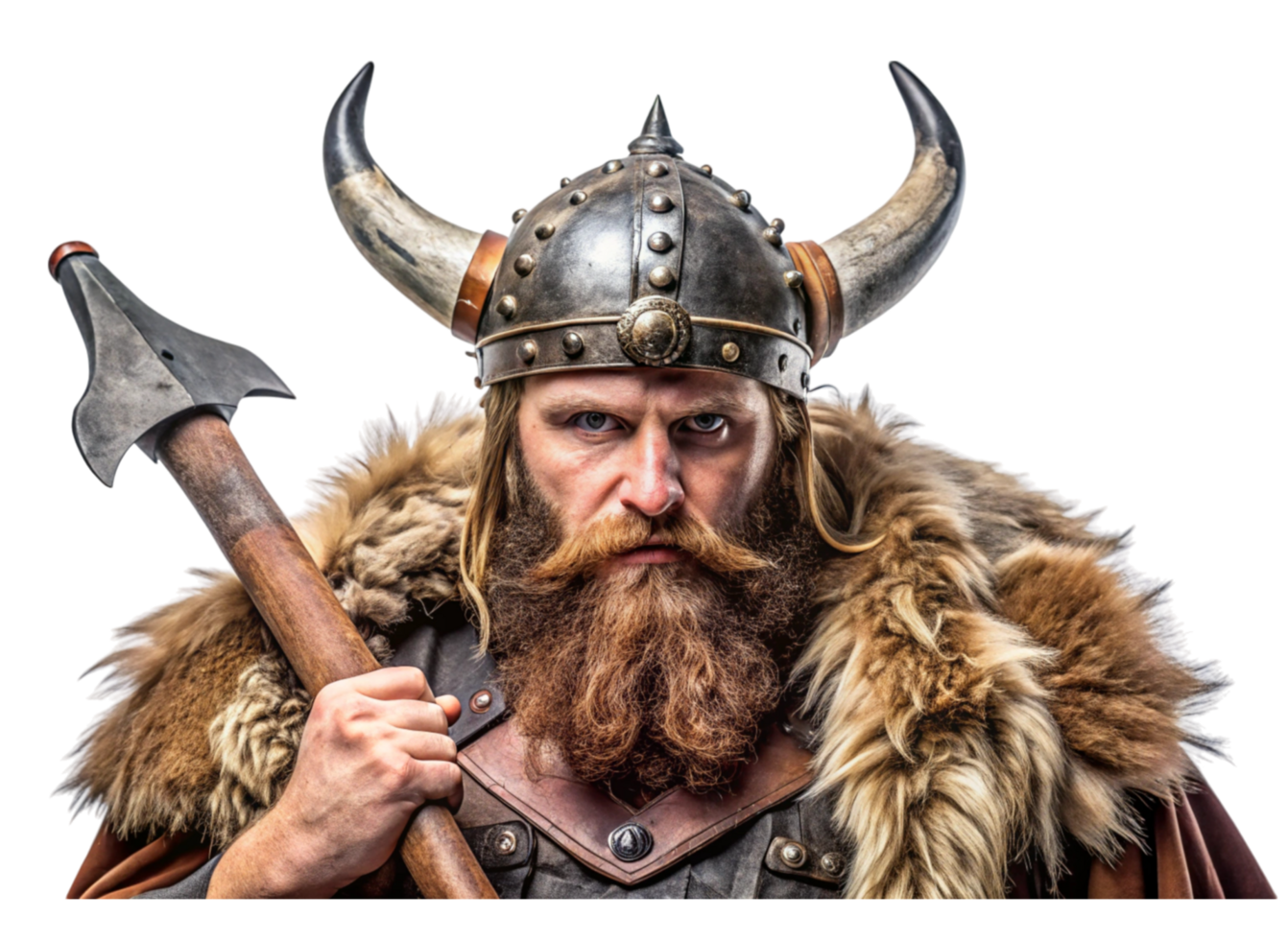 Fierce Viking warrior with horned helmet and axe in traditional fur attire, isolated on Transparent Background png